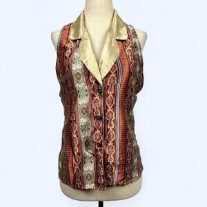 Vintage Women’s Satin Button Up Vest Medium Boho Floral Sri Lanka Lotus Tribal